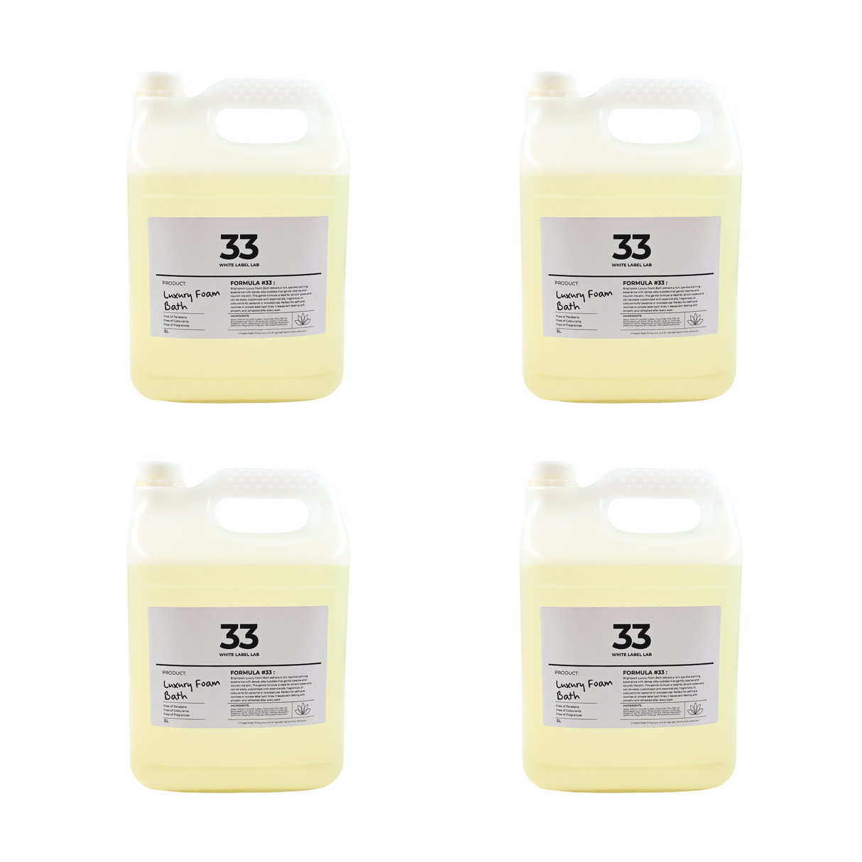 Four Brightpack Luxury Foam Bath #33 jerry cans displayed together for bulk pack option