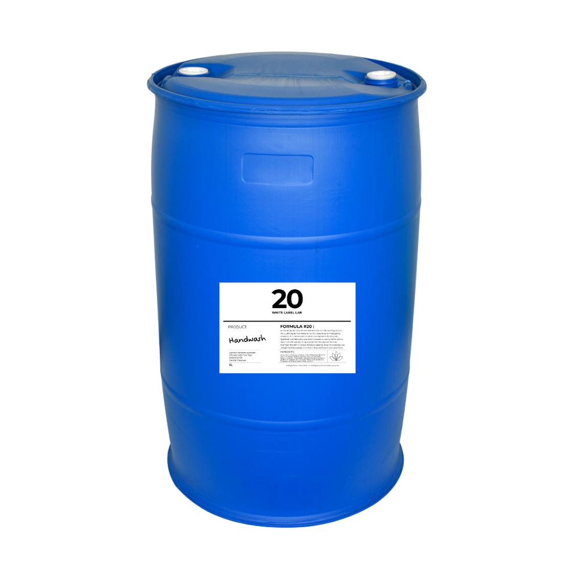 Large blue 200kg drum with Brightpack Tea Tree & Lemon Verbena Luxury Handwash #20 label for bulk supply option