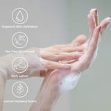 Soapy hands showing Brightpack Tea Tree & Lemon Verbena Luxury Handwash #20 with benefit icons displayed at the side
