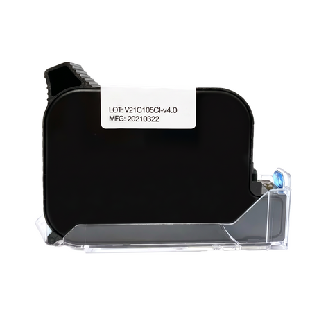 Black ink cartridge with a label on a white background