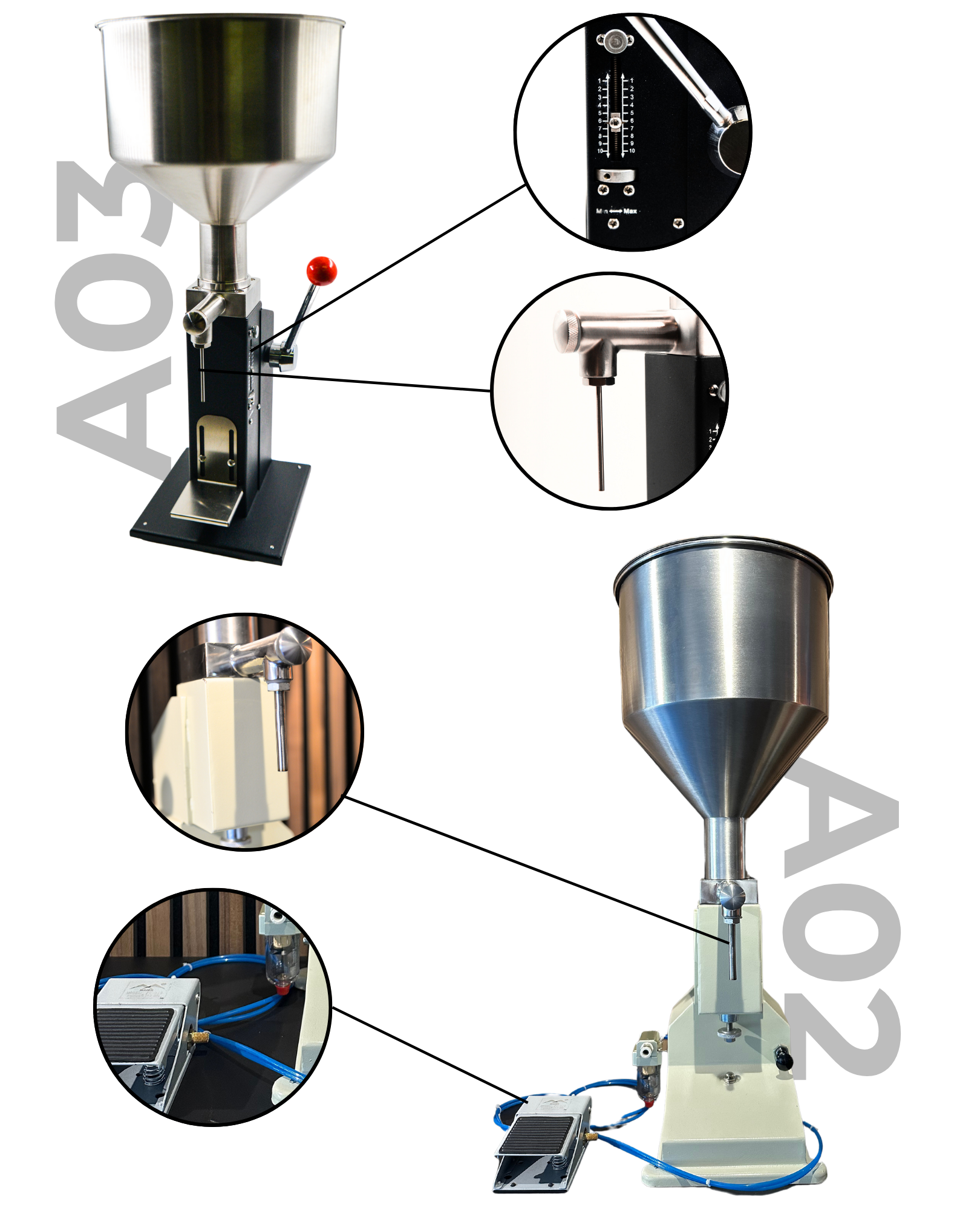 Two compact filling machines. A02 offers semi-automated operation, and A03 provides manual control, both suitable for liquid, paste, and cream products.