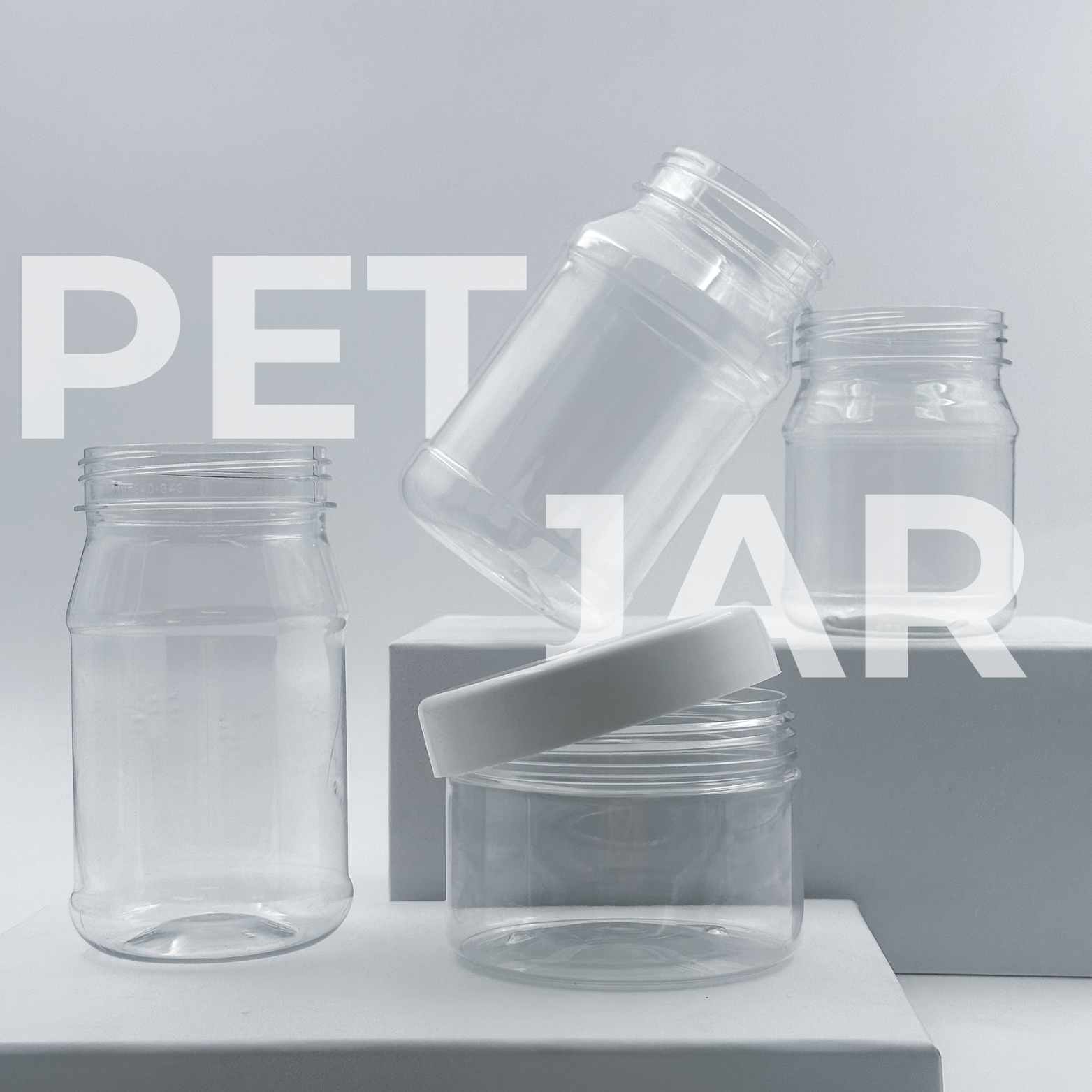 PET Jars, some without closures and some with closures.