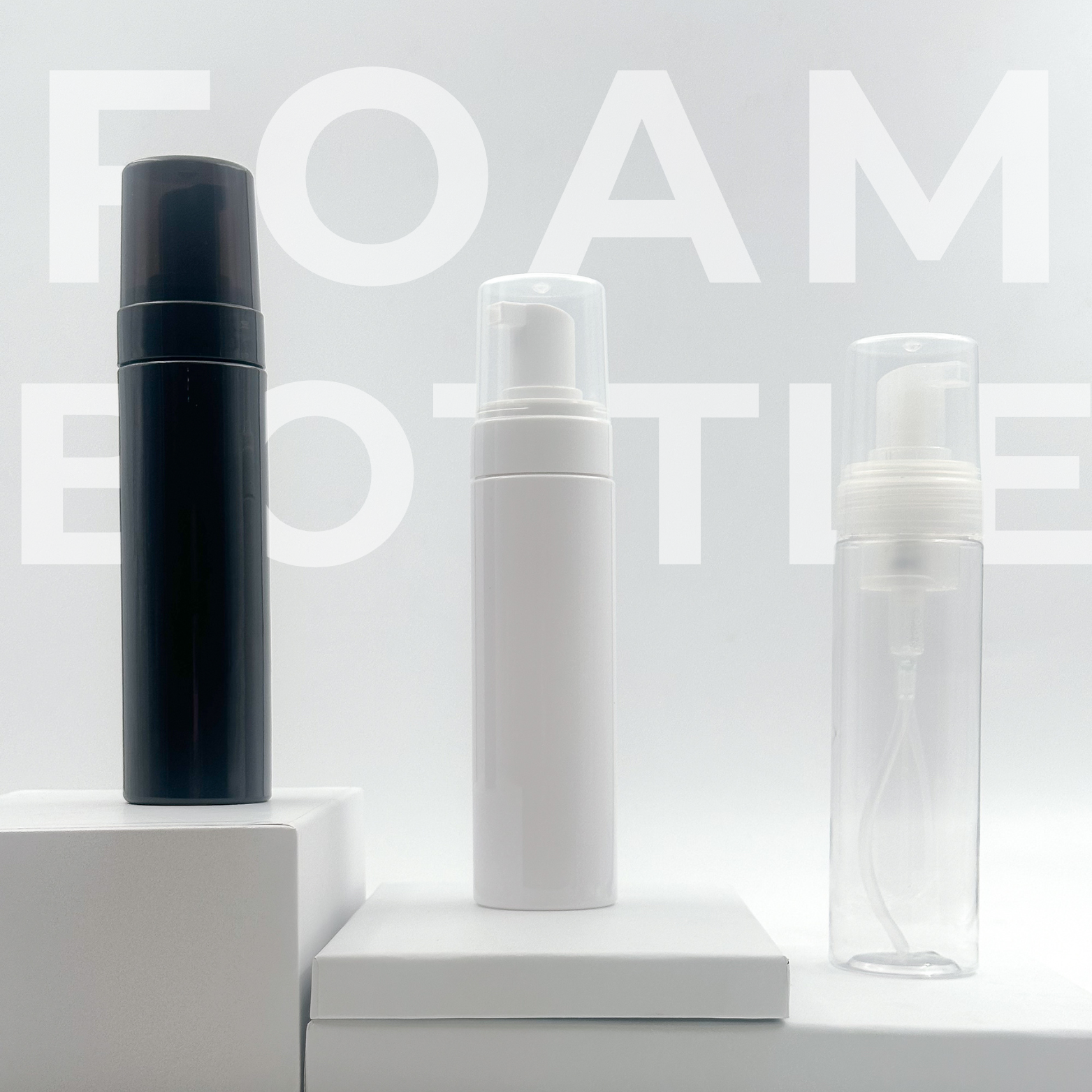 Foam bottles in white, black and clear. All bottles with a closure and overcap.