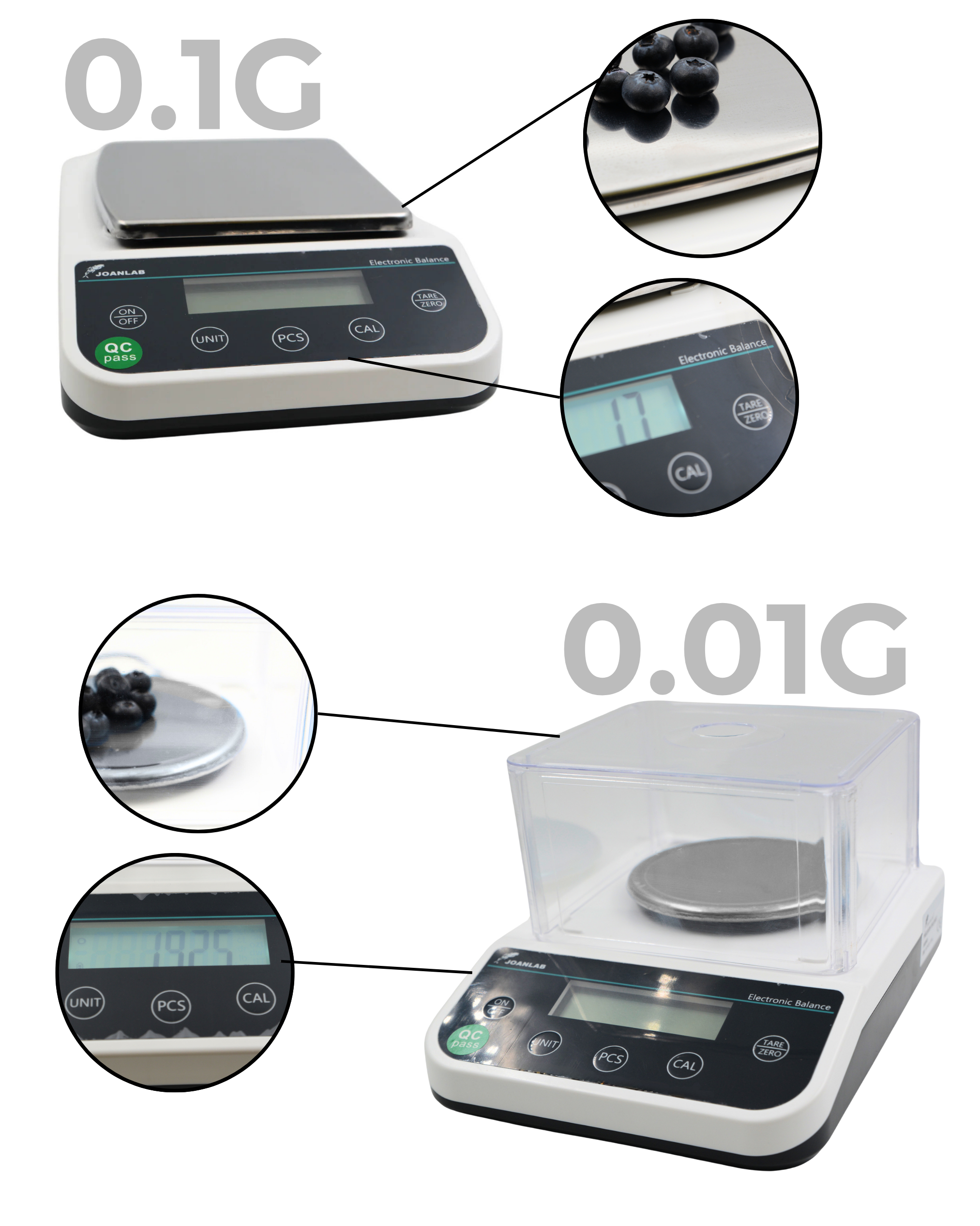 Two sleek, high-precision scales designed for accurate measurements. One with 0.01g precision for fine details and another with 0.1g for larger portions, ideal for both small and bulk production.
