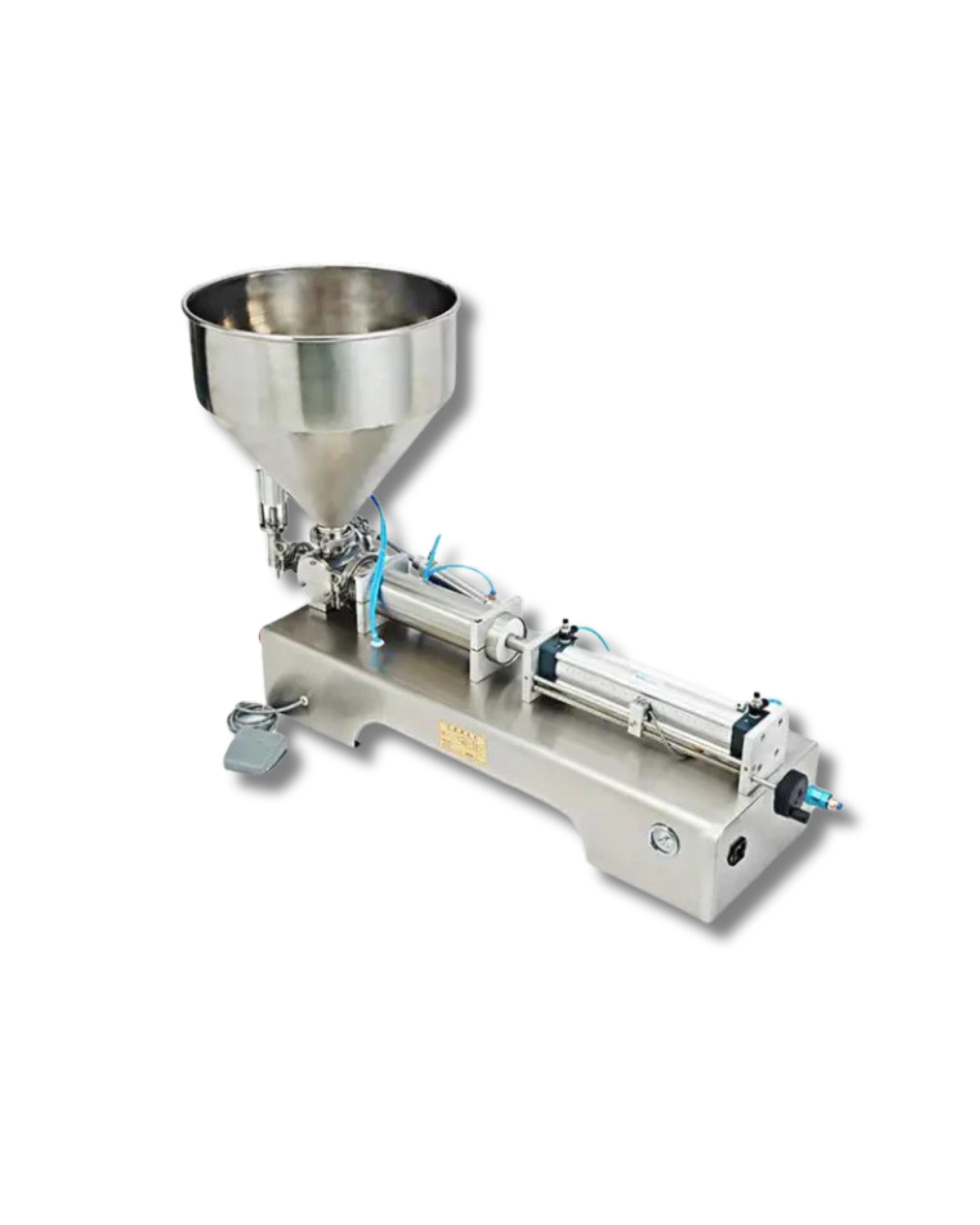 A robust pneumatic filling machine featuring a 30L hopper for high-volume production. Designed for steady, continuous filling of liquid and paste products with maximum efficiency.