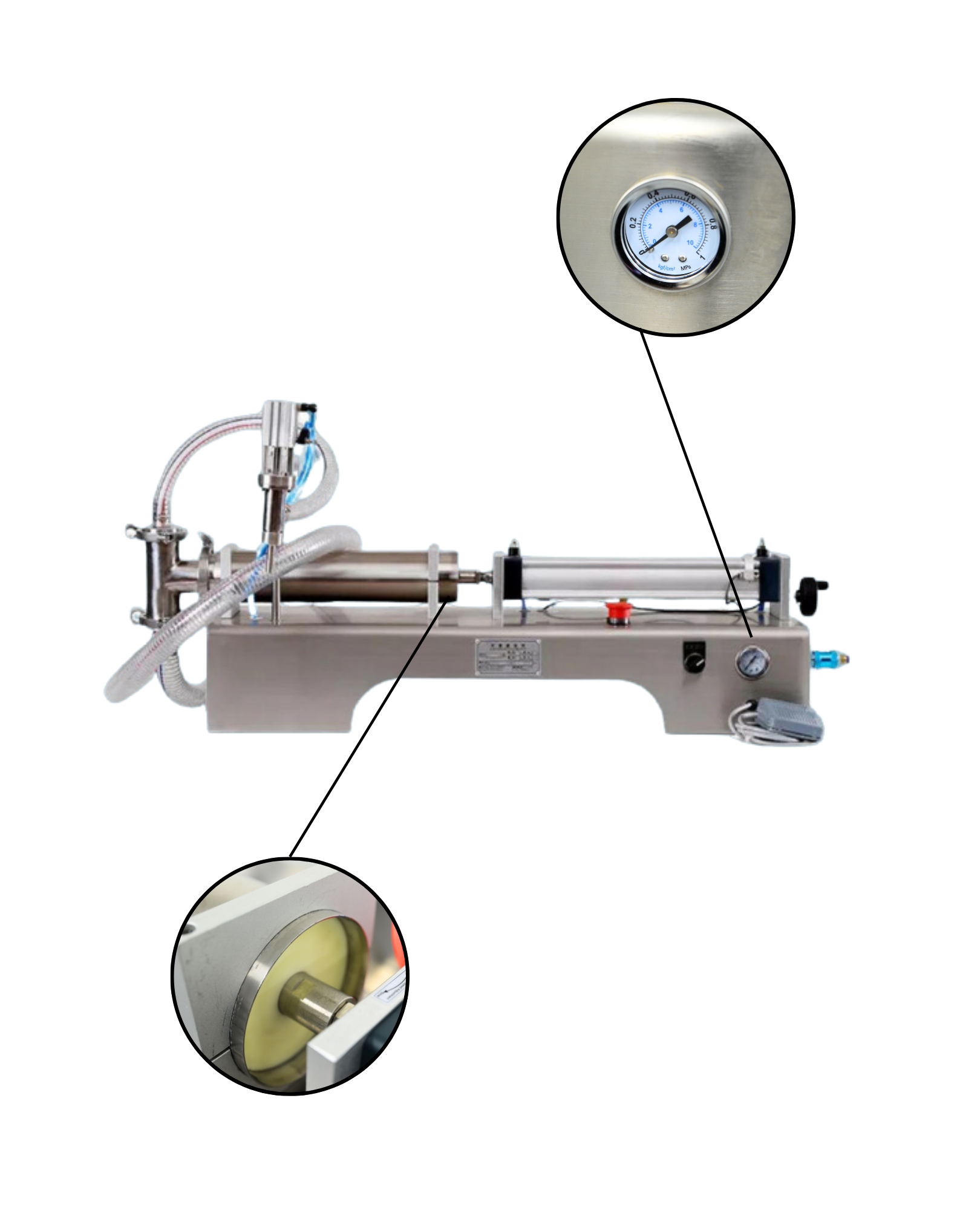 Three pneumatic filling machines with labels: 100-1000ml for small batches, 250-2500ml for medium batches, and 500-5000ml for large-scale operations. Each machine highlighted for fast, precise filling with customisable sizes.