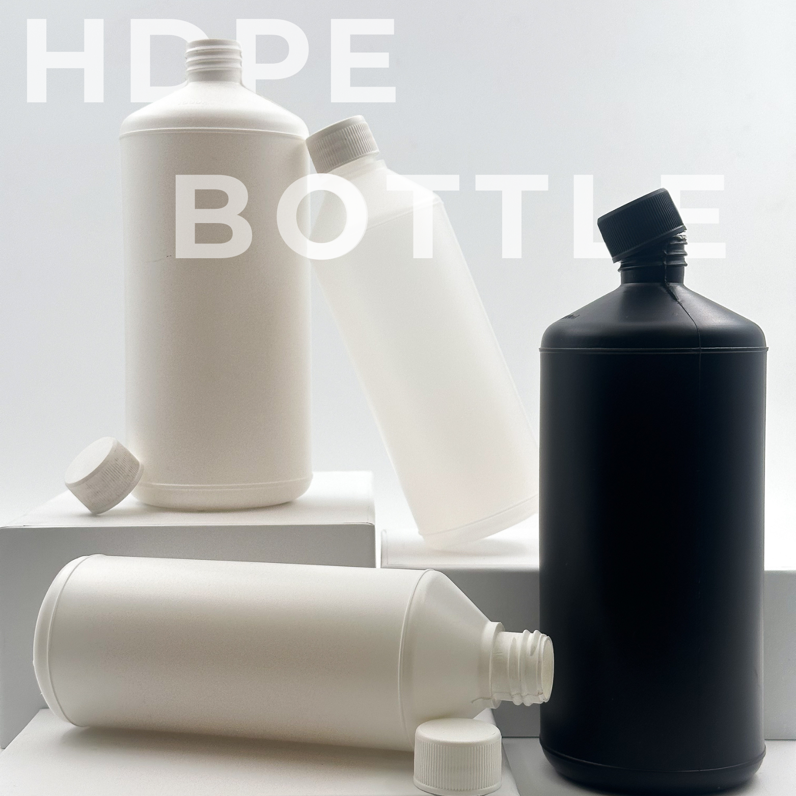 HDPE Bottles with closures and in black, white and natural.