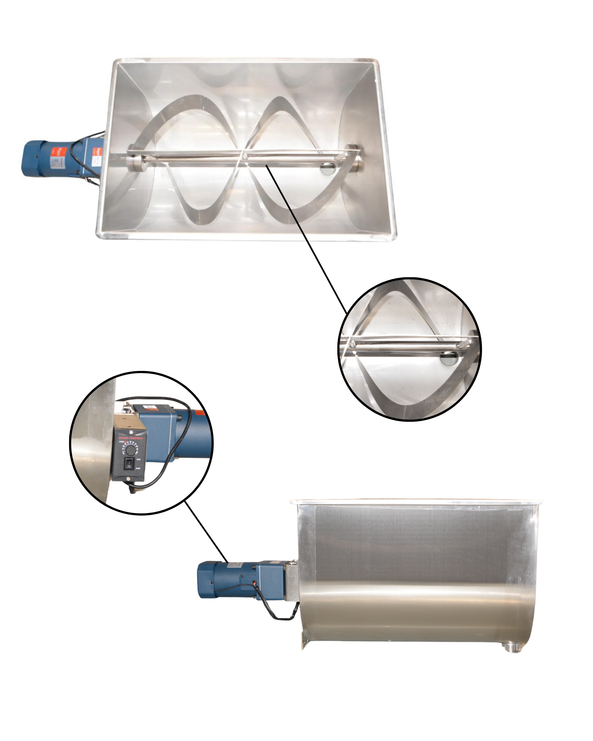 A heavy-duty U-shaped motorized ribbon mixer with adjustable speed control. Built for consistent and precise blending of paste products.