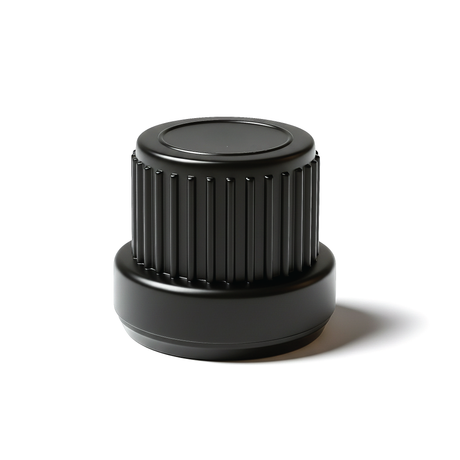 Black Mushroom dropper cap with 0.7 mm medium flow orifice for controlled dispensing of cosmetic, pharmaceutical and liquid products