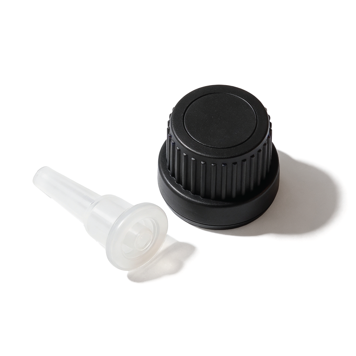 Black Mushroom dropper cap with 0.7 mm medium flow orifice for controlled dispensing of cosmetic, pharmaceutical and liquid products