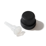 Black Mushroom dropper cap with 0.7 mm medium flow orifice for controlled dispensing of cosmetic, pharmaceutical and liquid products