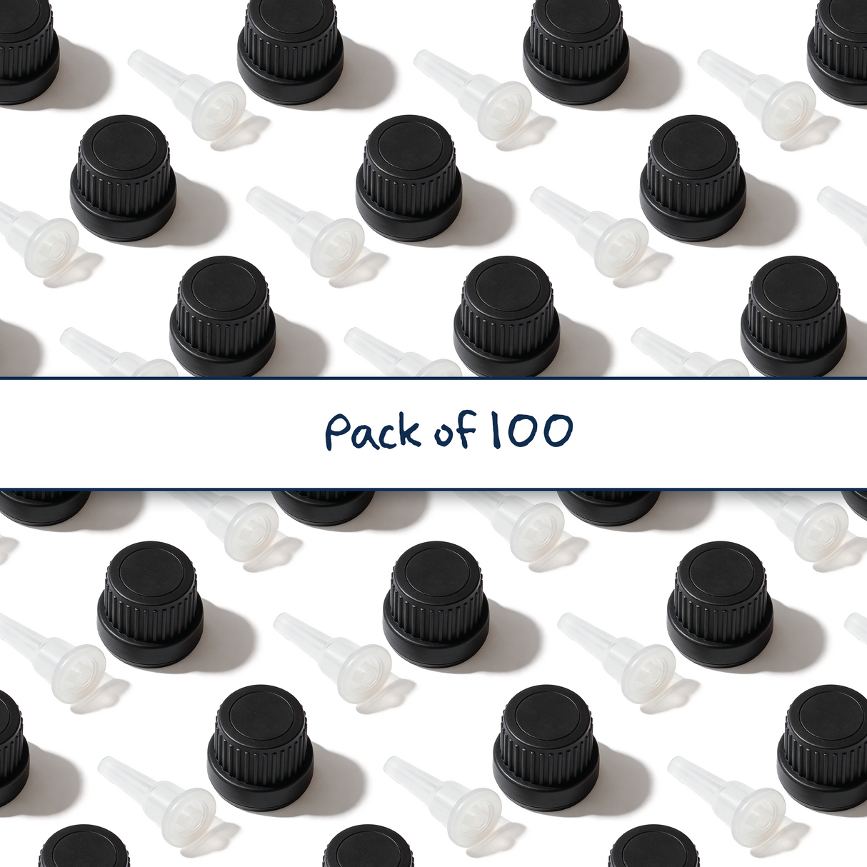 Multiple black Mushroom dropper caps with 0.7 mm medium flow orifice for controlled dispensing of cosmetic, pharmaceutical and liquid products