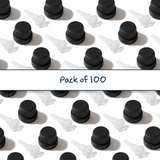 Multiple black Mushroom dropper caps with 0.7 mm medium flow orifice for controlled dispensing of cosmetic, pharmaceutical and liquid products