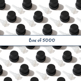 Multiple black Mushroom dropper caps with 0.7 mm medium flow orifice for controlled dispensing of cosmetic, pharmaceutical and liquid products