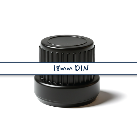 Black Mushroom dropper cap with 0.7 mm medium flow orifice for controlled dispensing of cosmetic, pharmaceutical and liquid products