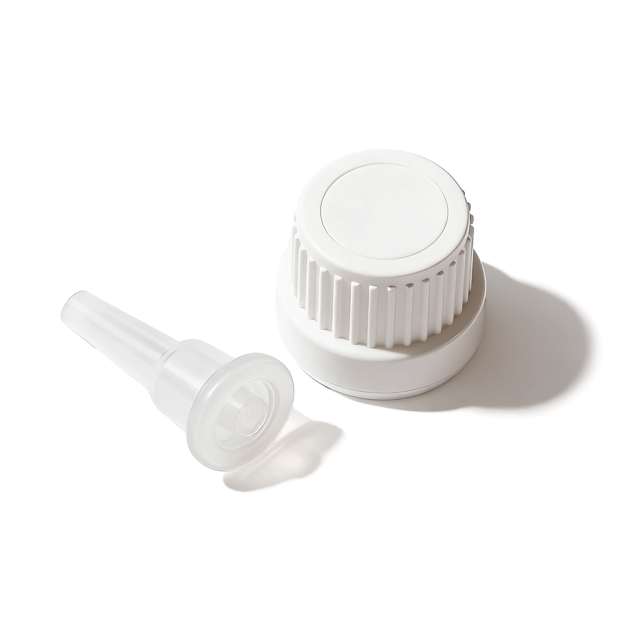White Mushroom dropper cap with 0.7 mm medium flow orifice for controlled dispensing of cosmetic, pharmaceutical and liquid products