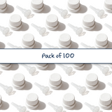 Multiple white Mushroom dropper caps with 0.7 mm medium flow orifice for controlled dispensing of cosmetic, pharmaceutical and liquid products