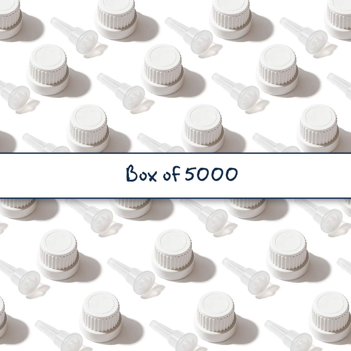 Multiple white Mushroom dropper caps with 0.7 mm medium flow orifice for controlled dispensing of cosmetic, pharmaceutical and liquid products