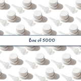 Multiple white Mushroom dropper caps with 0.7 mm medium flow orifice for controlled dispensing of cosmetic, pharmaceutical and liquid products