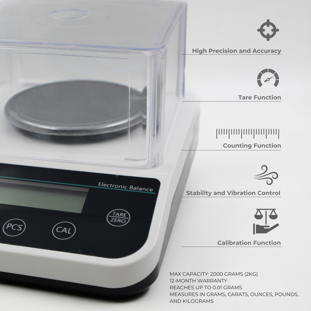 Precision balance scale side angle closeup with feature text