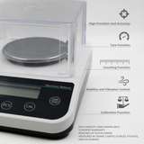 Precision balance scale side angle closeup with feature text