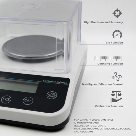 Precision balance scale side angle closeup with feature text