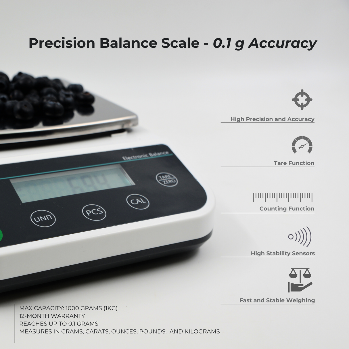 Digital balance scale closeup with feature text on right