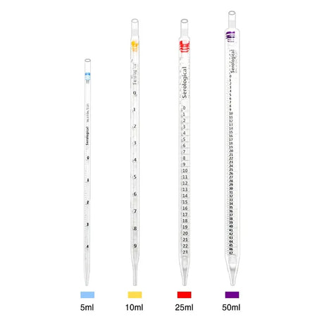 Serological pipettes in four different lengths standing upright