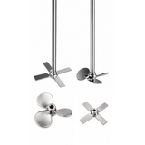 Four stainless steel mixing propellers of different blade configurations on rod, and three blade mixing propellers, shown against a plain white background.