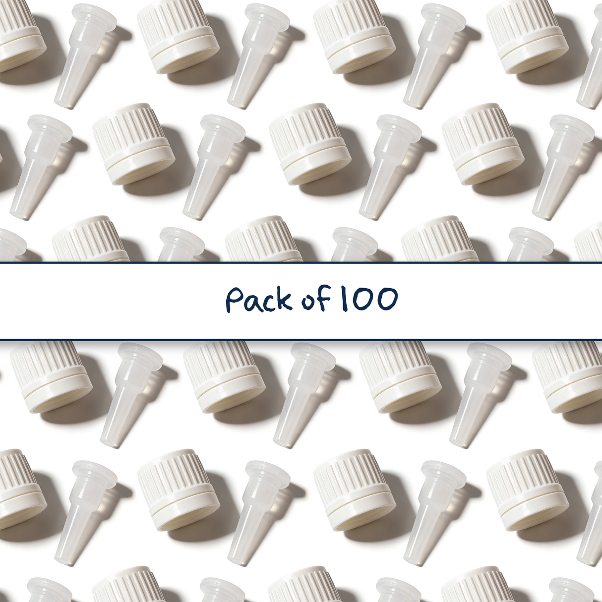 Multiple white dropper caps with tamper evident seal and 0.7 mm medium flow orifice for cosmetic, pharmaceutical and liquid product bottles