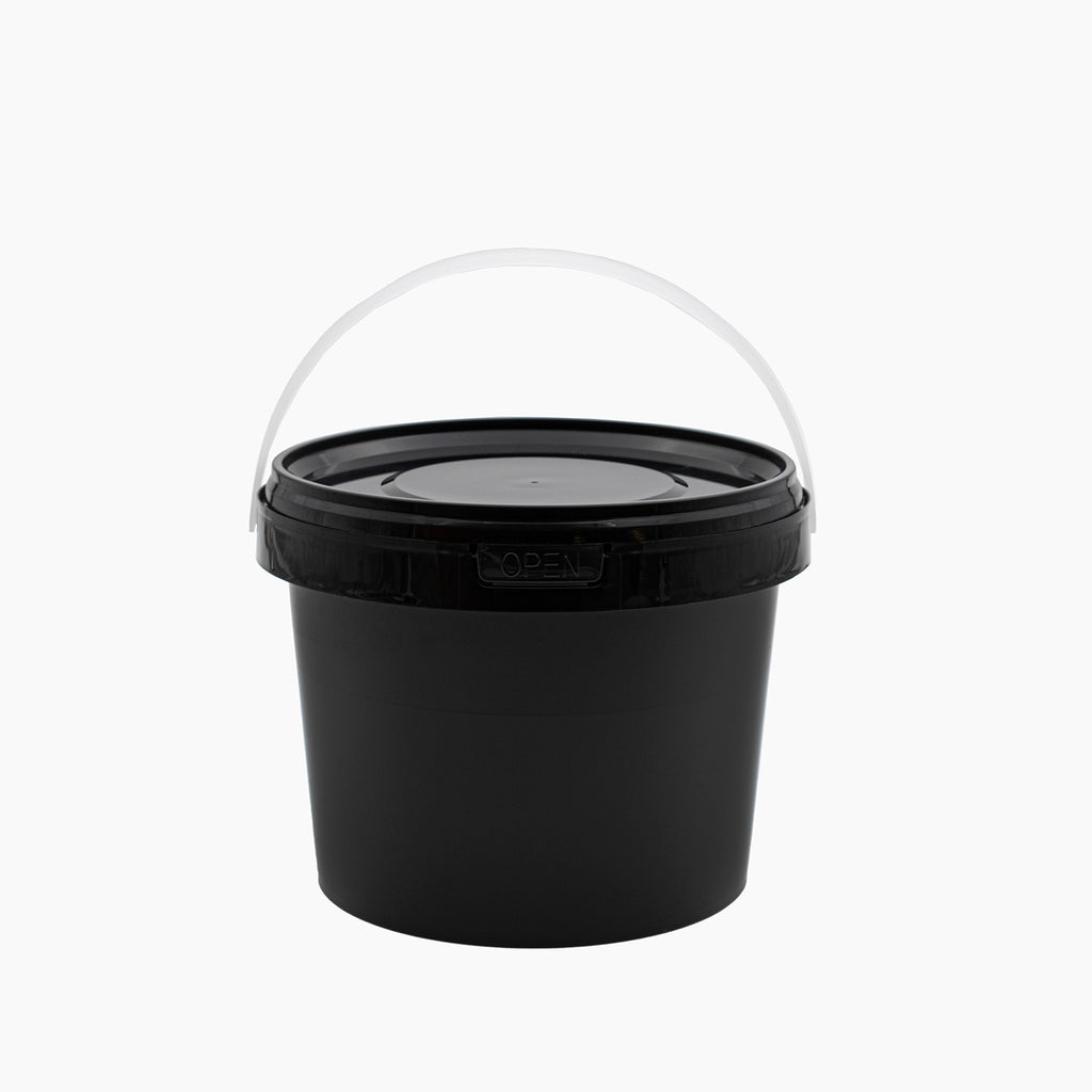 Black 1L HDPE Bucket Tamper Evident On White Background | Plastic Packaging | Brightpack Plastic & Glass Packaging